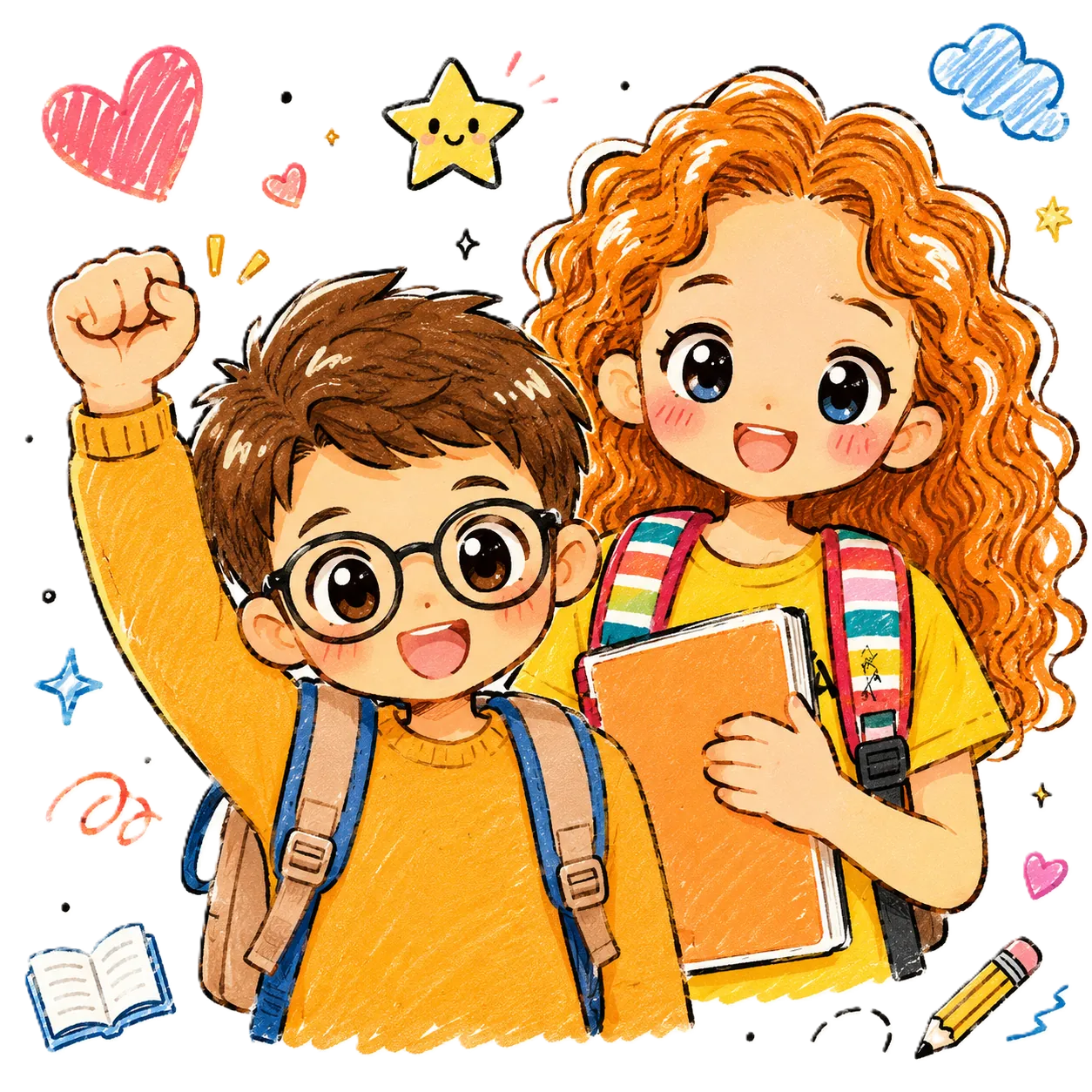 Two happy schoolchildren with backpacks